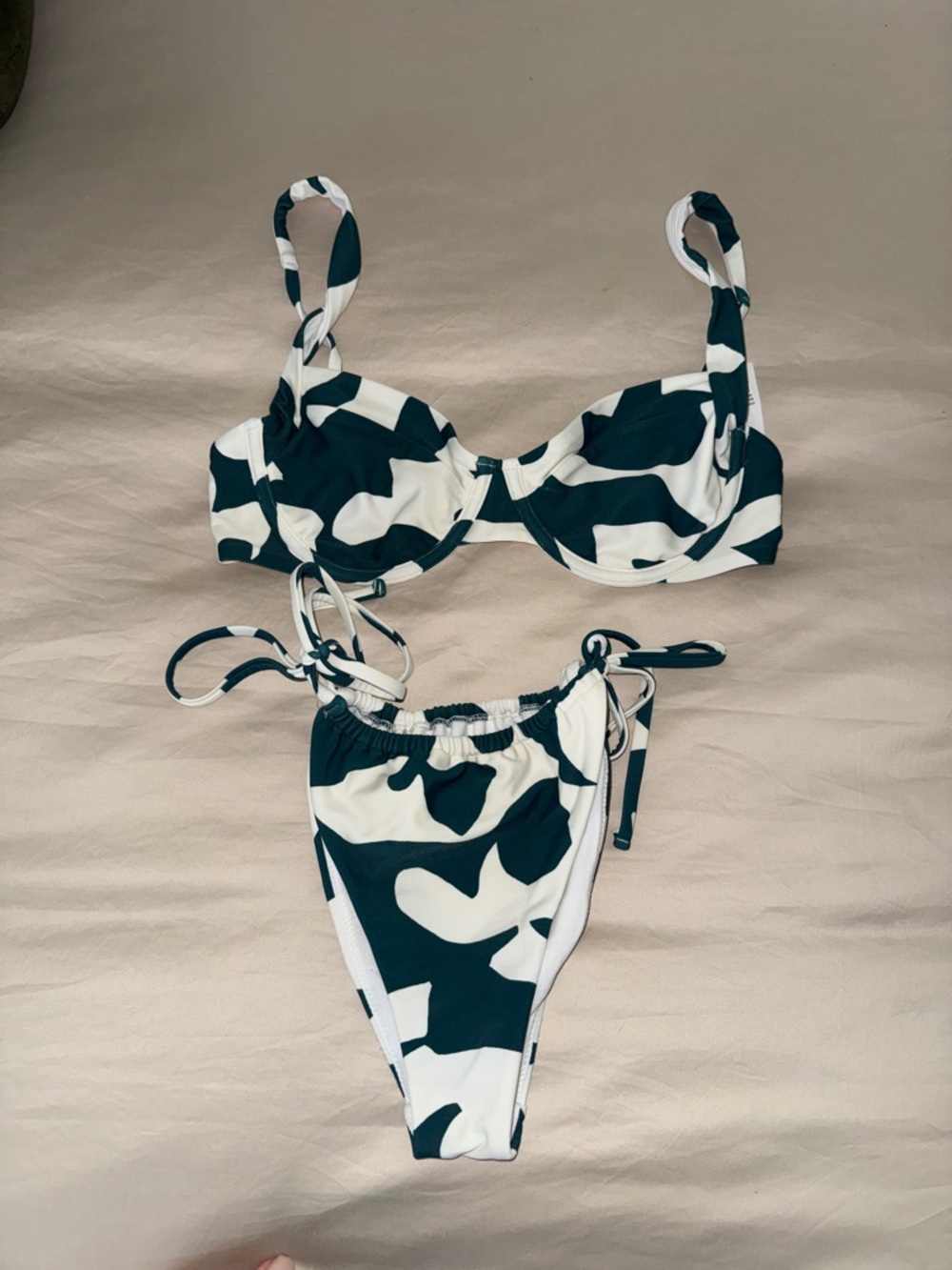 Dark green  and White Patterned Tie-Side Bikini Set